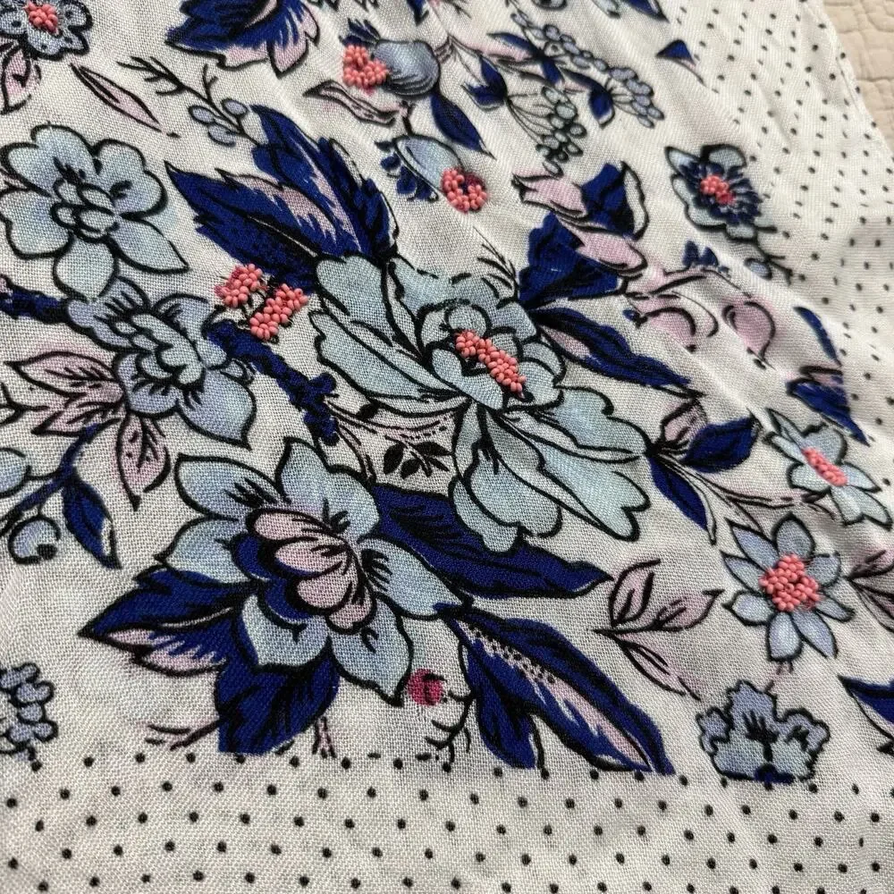 Talbots Blue Floral Beaded Scarf with Polka Dot Border